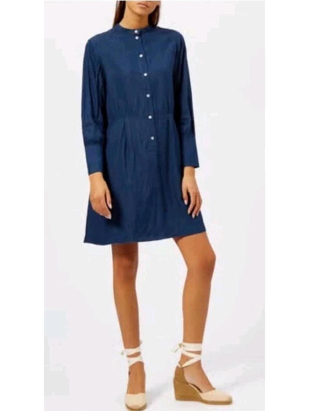 A.P.C. Kimya Women's Dress 36/ S Navy Long Sleeve Button Up Side Pockets #C